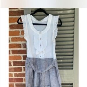 White Ruffle Blouse with Gray Skirt
